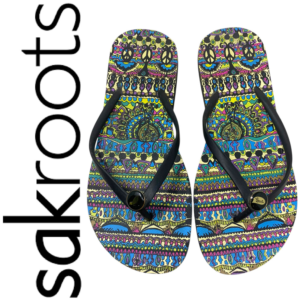 Sakroots Peace Sz 10 Multicolor Bohemian Thong Sandals Flip Flops Hippie Bird